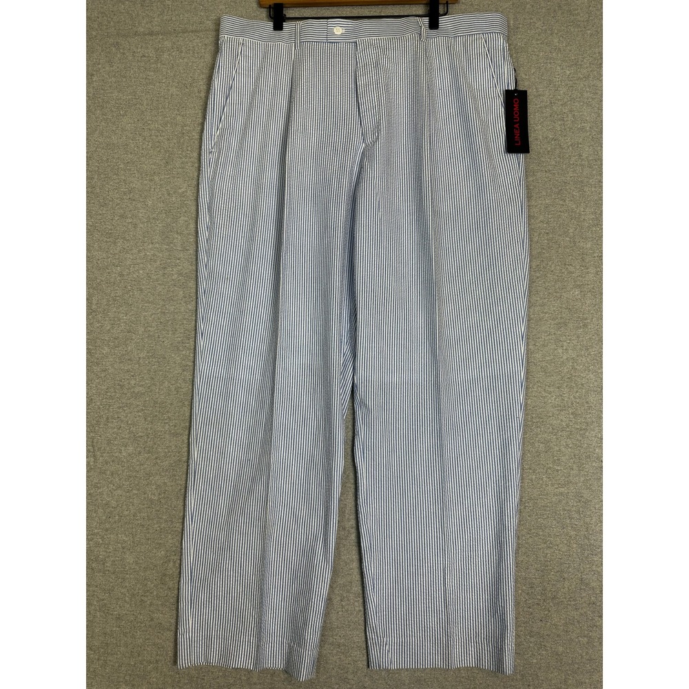 NWT Linea Uomo Seersucker Pants Mens 40x30 Blue White Pleated Striped Trousers